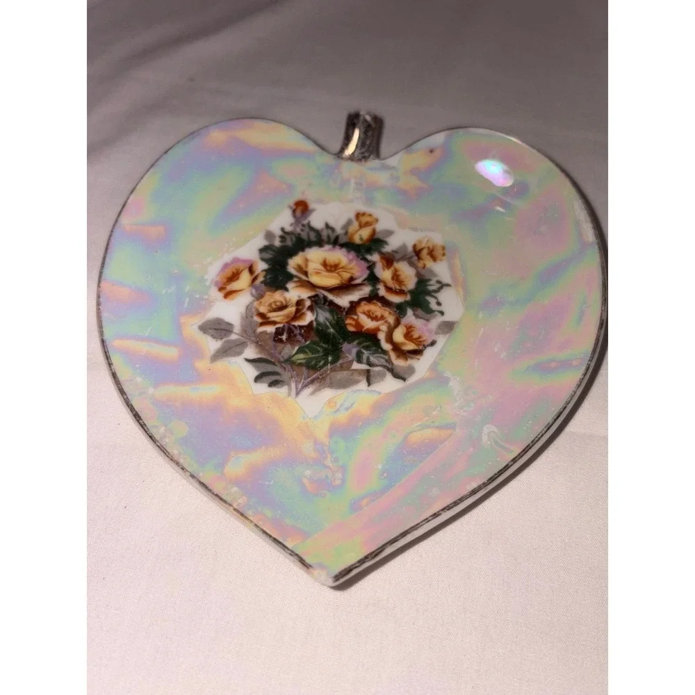 Japan Lusterware Heart Leaf Floral Porcelain Trinket Dish‎ Iridescent Vintage